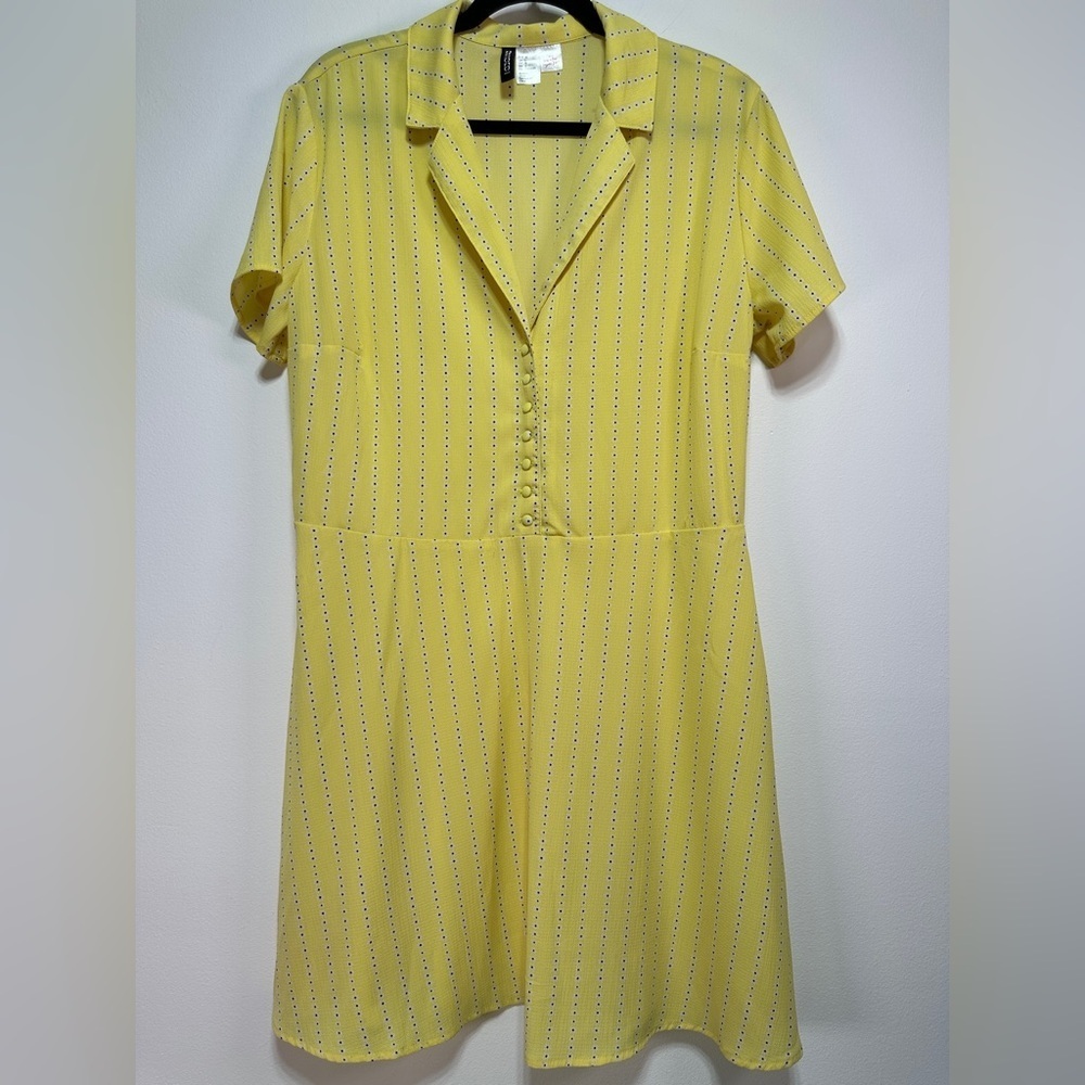 H&M Yellow Striped Button Front Shirt Dress Fit Flare Mini Size L